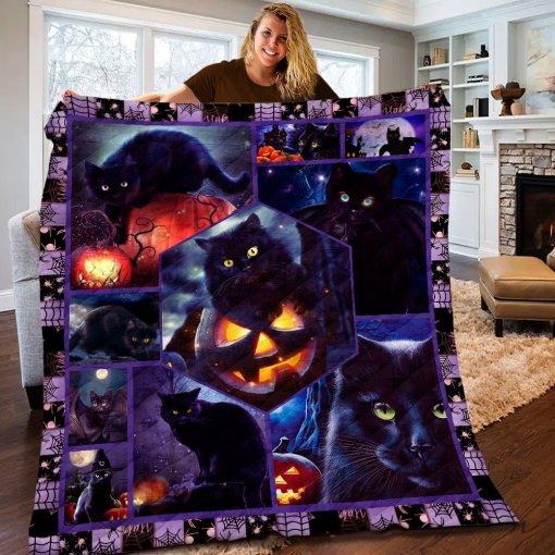 Black Cat Witch With Jack O Lantern Pumpkin Bats Full Moon Halloween Blanket