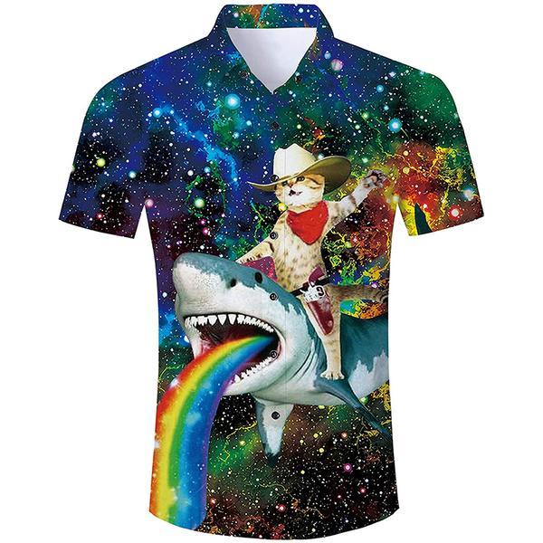 COWBOY CAT RIDING SHARK FUNNY HAWAIIAN SHIRT