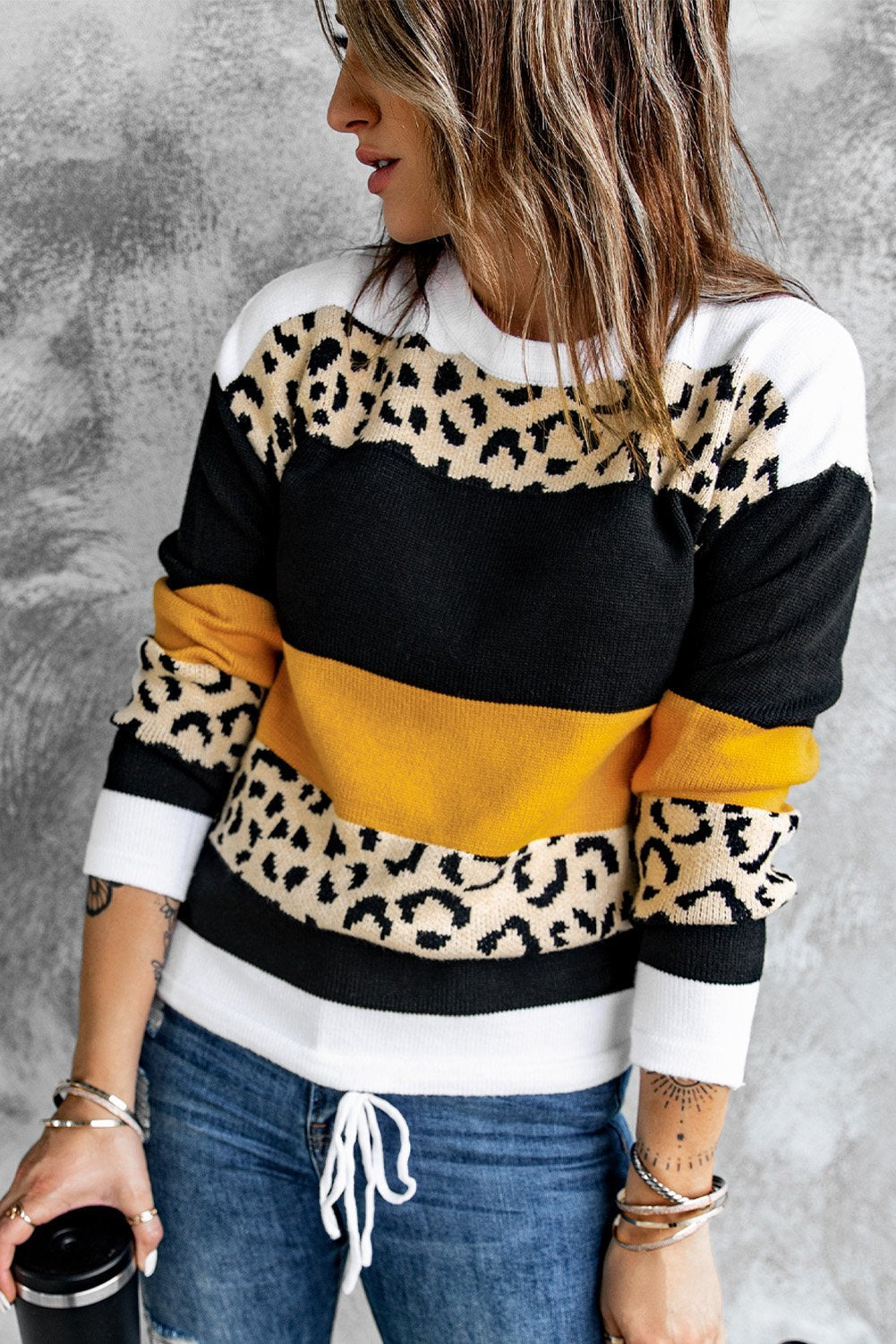 Crewneck Leopard Color Block Knit Sweater