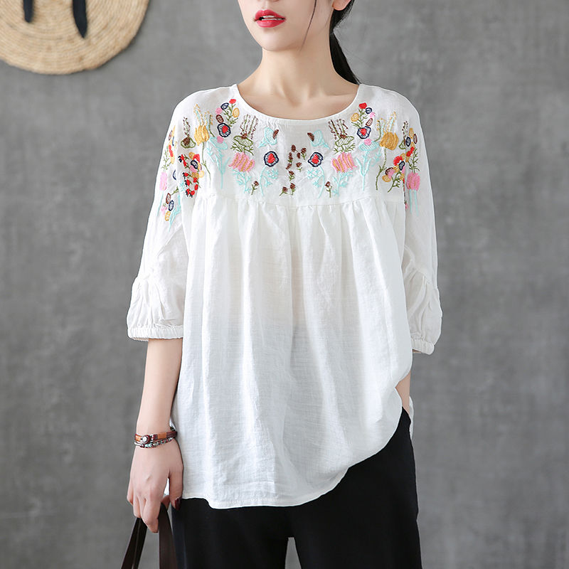 White Tunic Linen Shirt Women Vintage Clothes Cotton High quality Embroidery Blouse Plus size Ladies Tops Casual alx