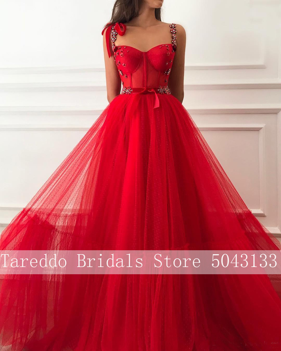 2022 Red Prom Dresses Spaghetti Straps Handmade Flower Crystal Floor Length Tulle Long Prom Gown robe de soiree For Women alx