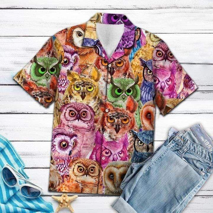 Beach Shirt Colorful Owl Art Hawaii Aloha Unisex Print Short Sleeve Casual Ha86584