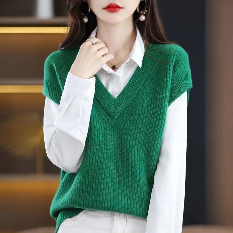 Stylish Solid Color V-Neck Knitted Vest Sweater Women’s Clothing 2022 Autumn New Loose Casual Pullover Korean Tops alx