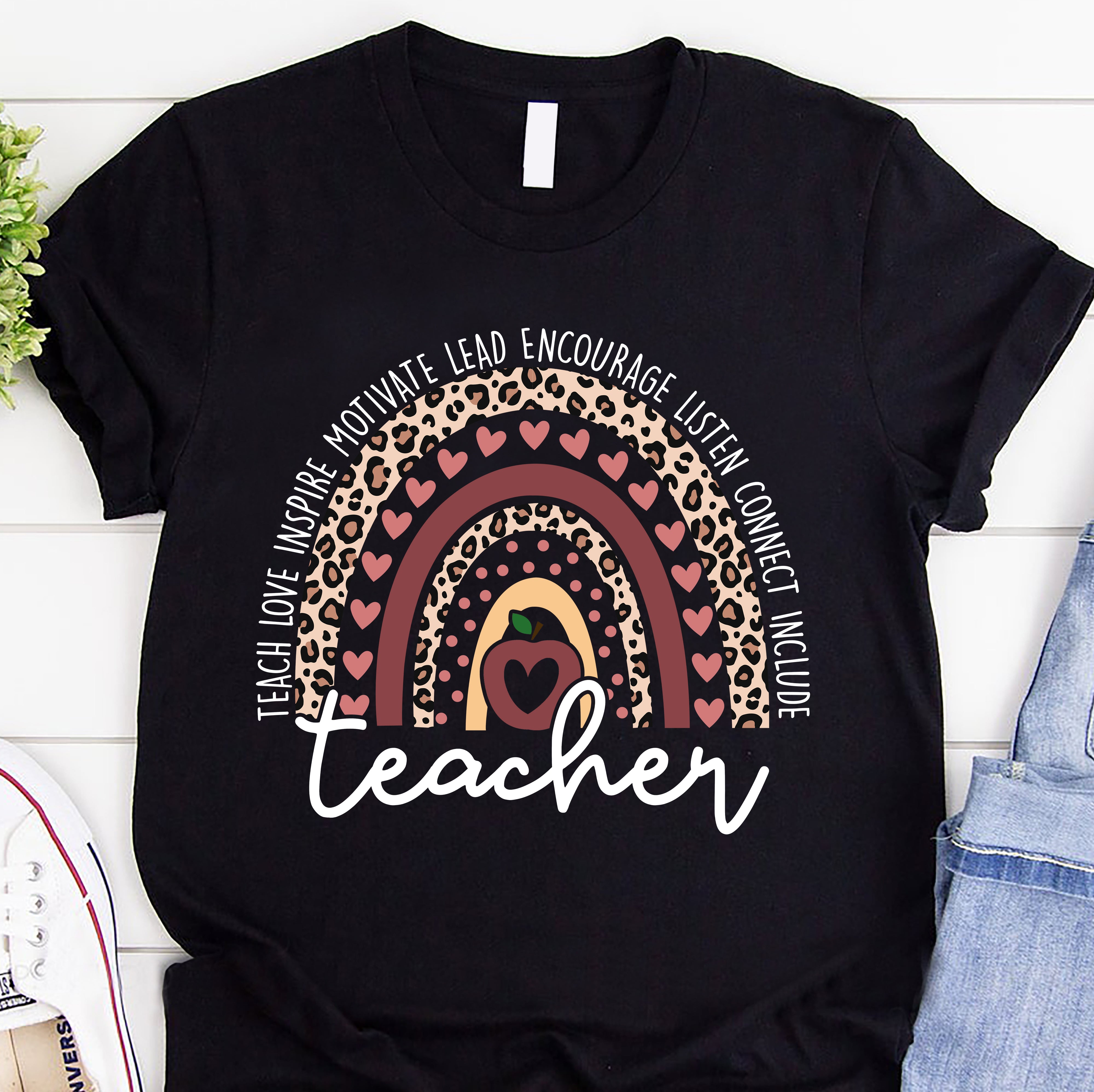 Teach Love Inspire Teacher Boho Leopard Rainbow Customizable – Standard T-Shirt