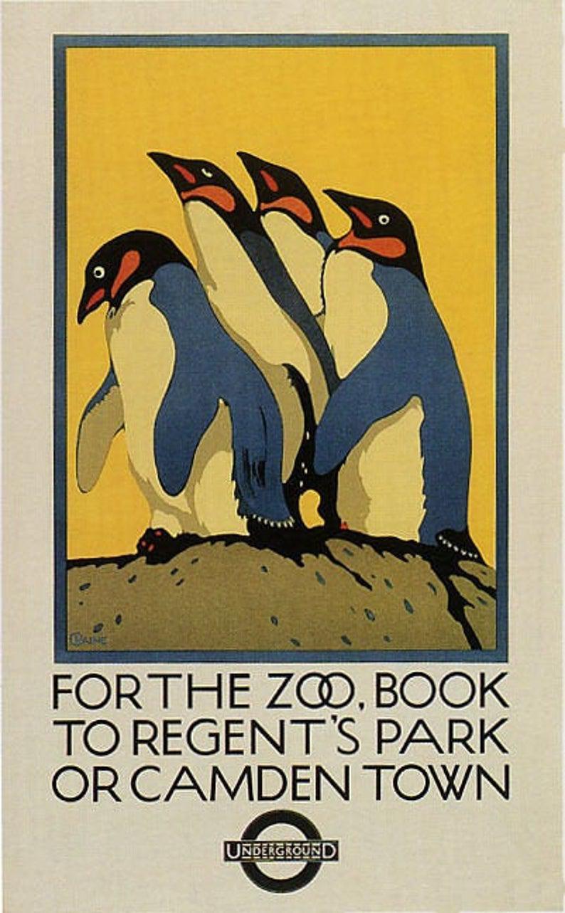 Children Penguin Zoo Animal London England Family Travel Vintage Poster