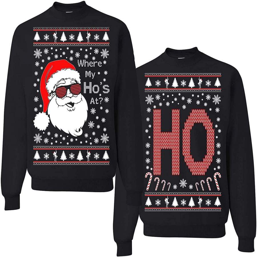 Where My Ho’s at? Christmas Couples Sweaters, Funny Ugly Christmas Matching Sweatshirt