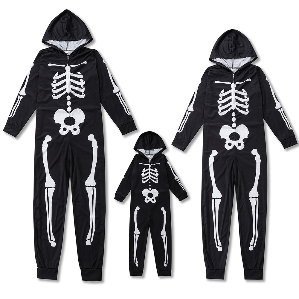 2022 Halloween Family Matching Outfits Fashion Skeleton Print Hooded Jumpsuit Pajama Family Father Mother Kids Halloween Costume alx