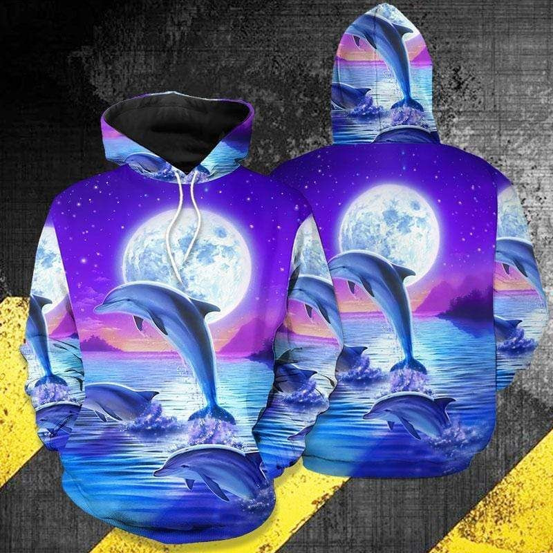 Beautiful Dolphin With The Moon Blue Purple Hoodie 3D All Over Print #3011H