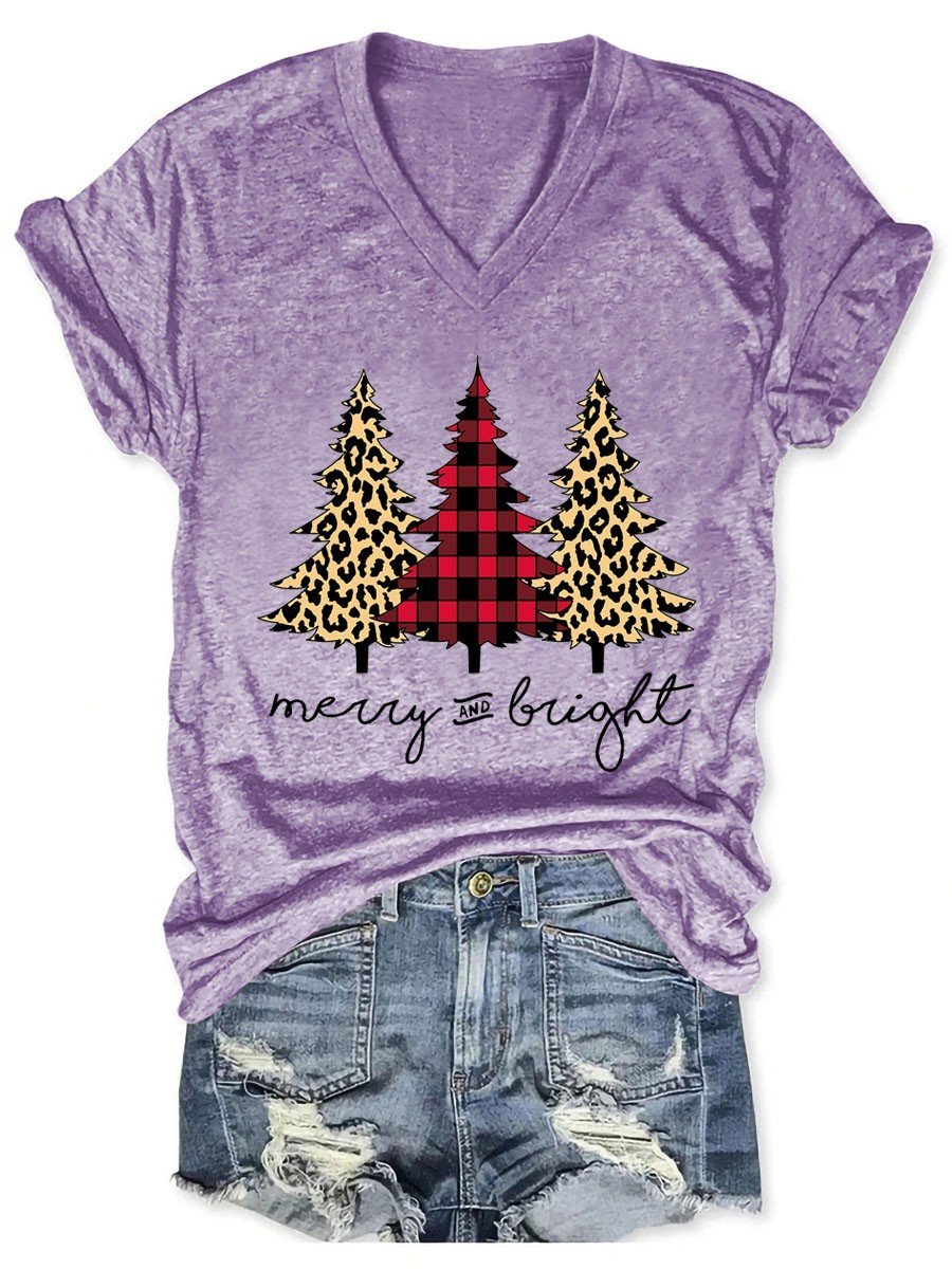 Women’S Plaid Leopard Printed Christmas Tree Merry And Bright V-Neck T-Shirt