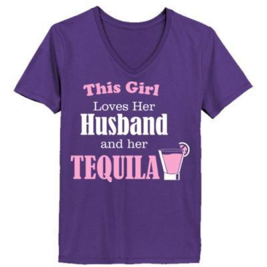 AGR This Girl Lovers Her Husband And Her Tequila – Ladies’ V-Neck T-Shirt