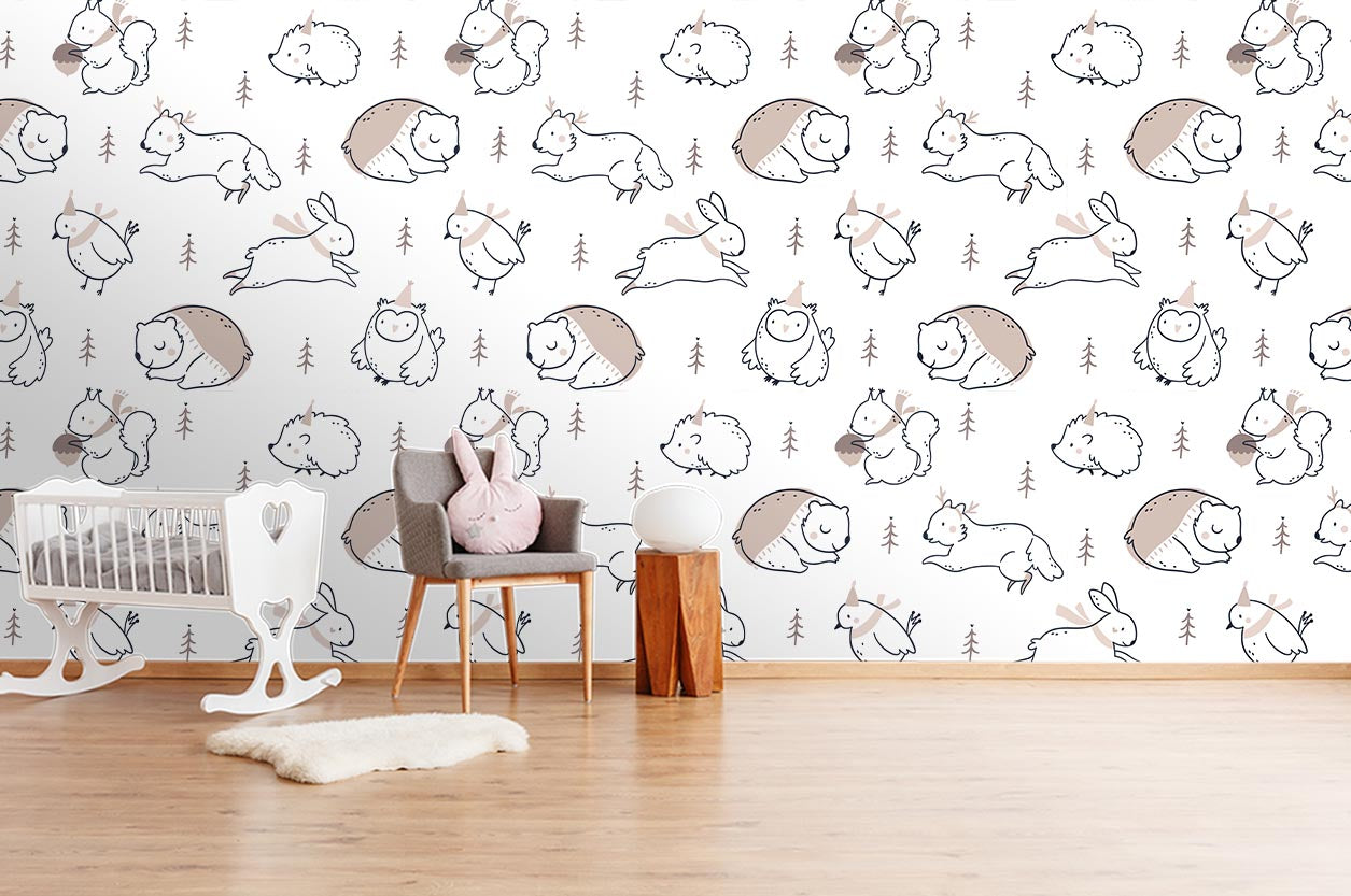 3D Cartoon Animal Bear Rabbit Birds Owl Hedgehog Squirrel Wall Mural Wallpaper Sf32