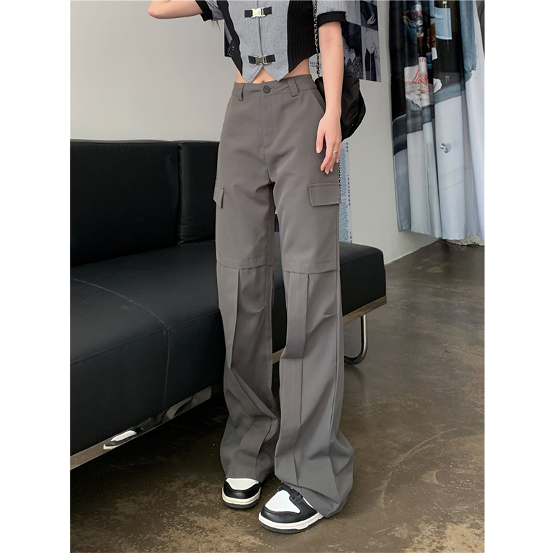 American Vintage Grey Cargo Pants Fashion High Waist Pocket Straight Pants Street Casual Baggy Wide Leg Trouser Ladies Summer alx