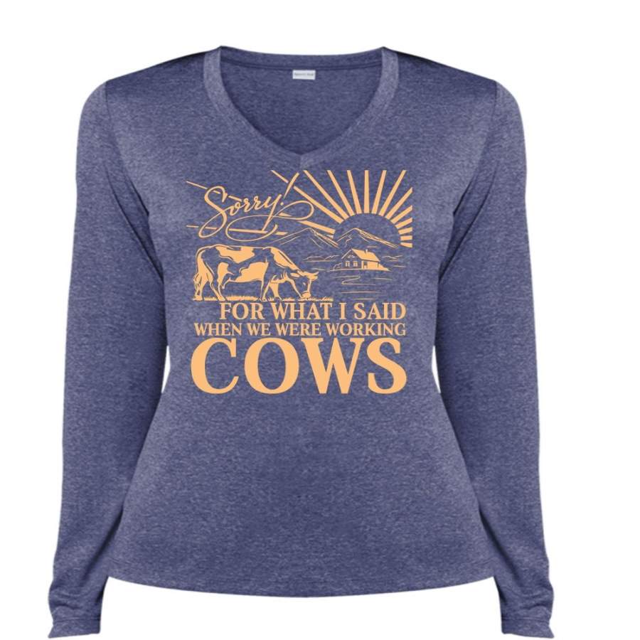 We Were Working Cows T Shirt, I Love Farming T Shirt, Cool Shirt (Ladies LS Heather V-Neck)