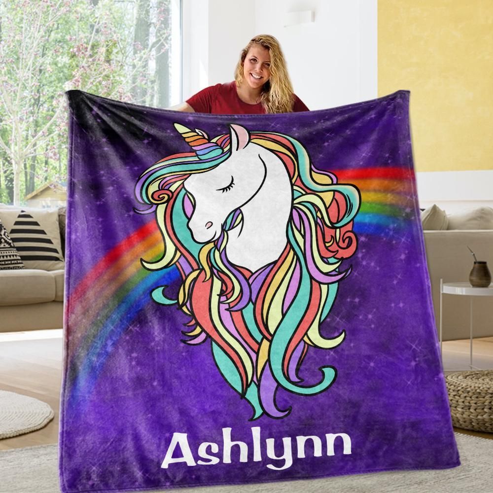 Ashlynn Rainbow Magical Unicorn Name Custom Text Printed Fleece Blanket