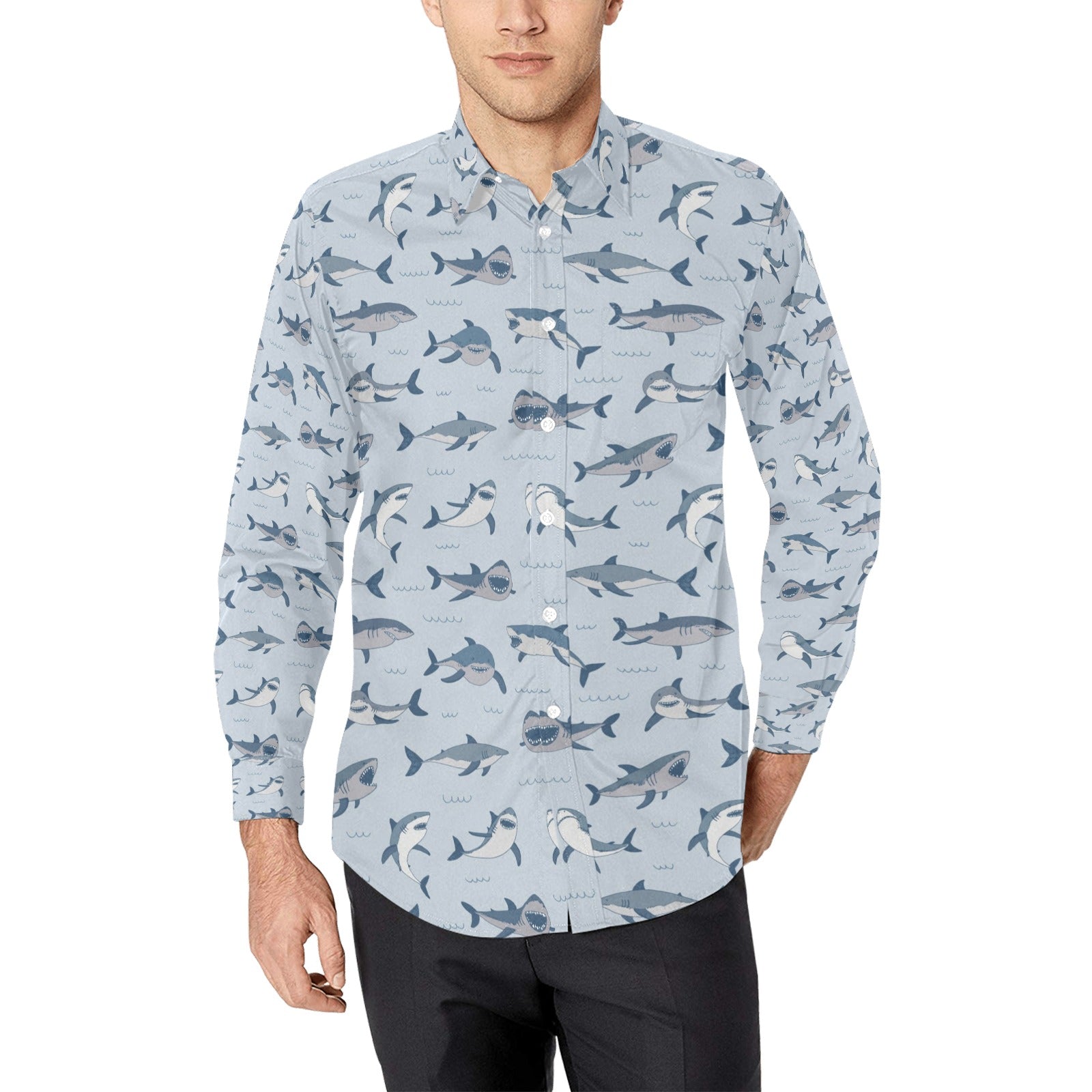 Shark Print Design Lks304 Long Sleeve Dress Shirt