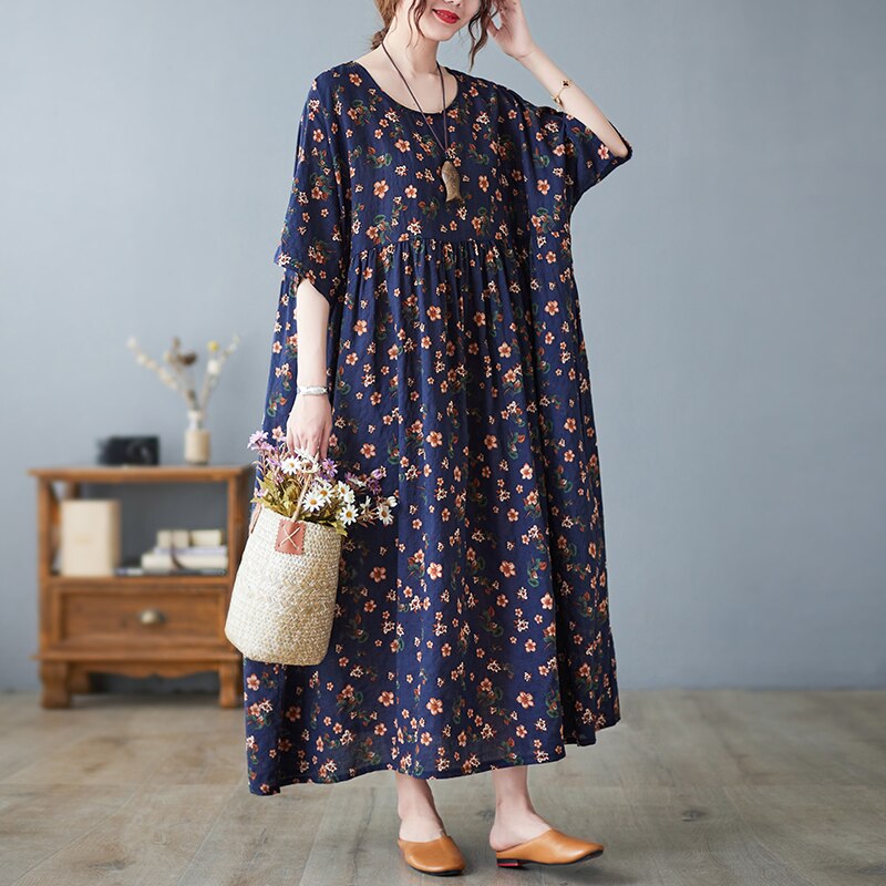 2022 New Arrival Thin Soft Cotton Loose Cozy Summer Dress Plus Size Print Floral Vintage Holiday Travel Casual Women Beach Dress alx