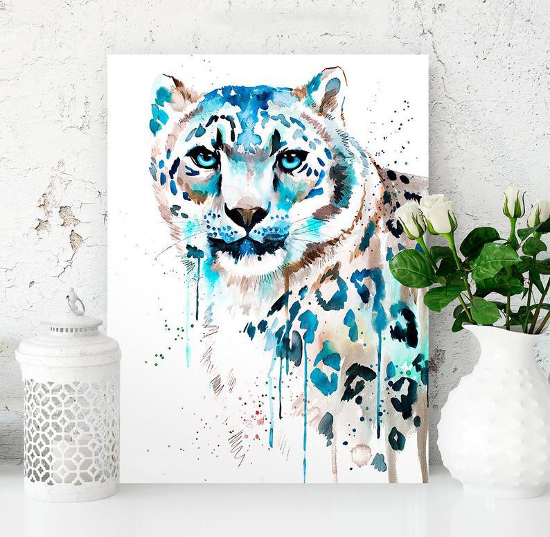 Snow Leopard Watercolor Painting Canvas And Poster, Wall Decor, Canvas Instructure Wall Art Print