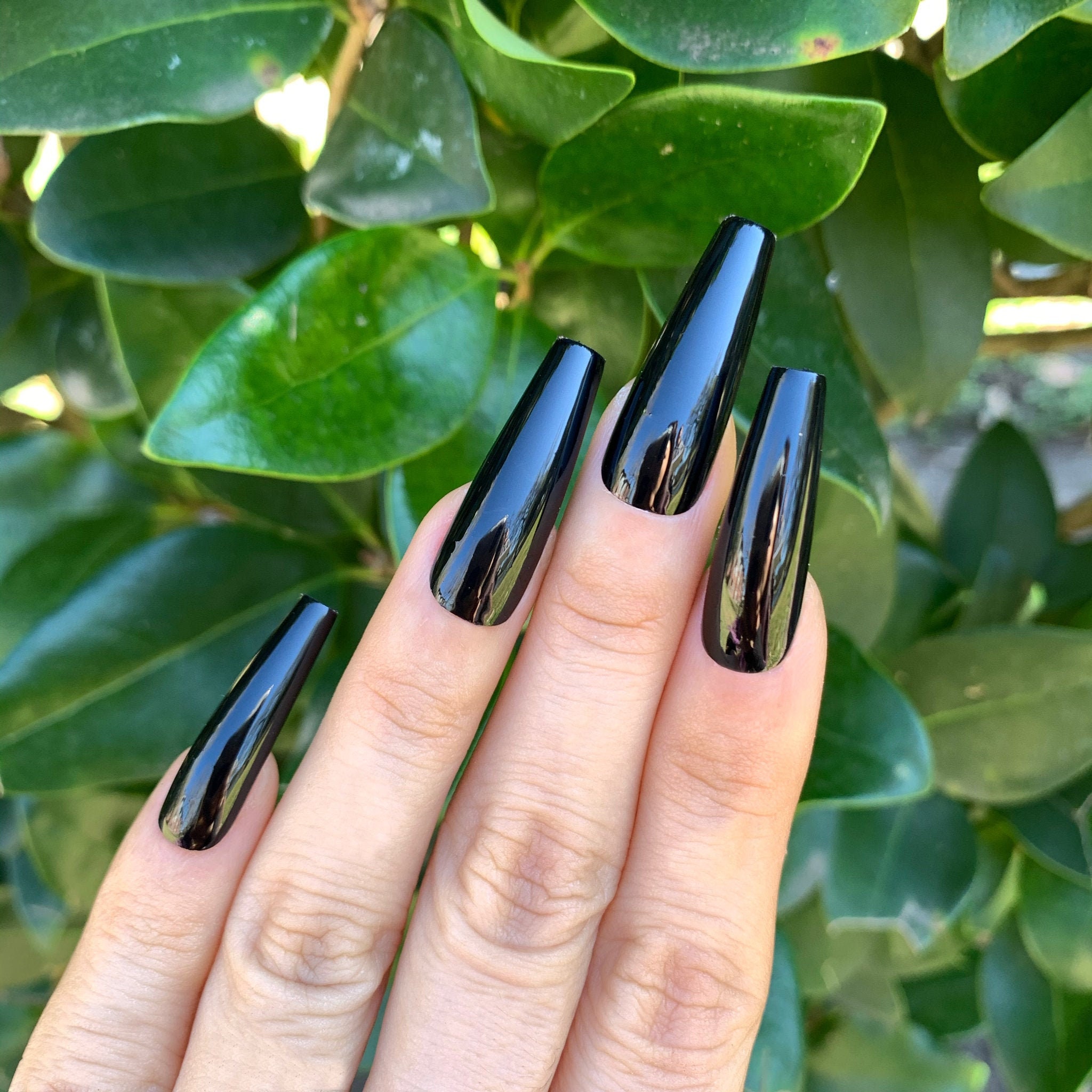 Midnight Long Coffin Press on Nails | Black | Shiny Gloss or Matte Finish | 20 PCS False Nails | Solid Color | Fake nails| Glue on nails