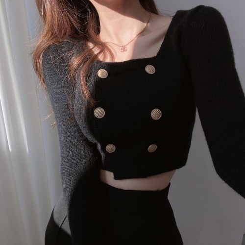 Cardigan Women Retro Fashion New Arrival Early Spring Double Breasted Square Neck Slim Solid Popular Elegant Simple Ladies Ins alx