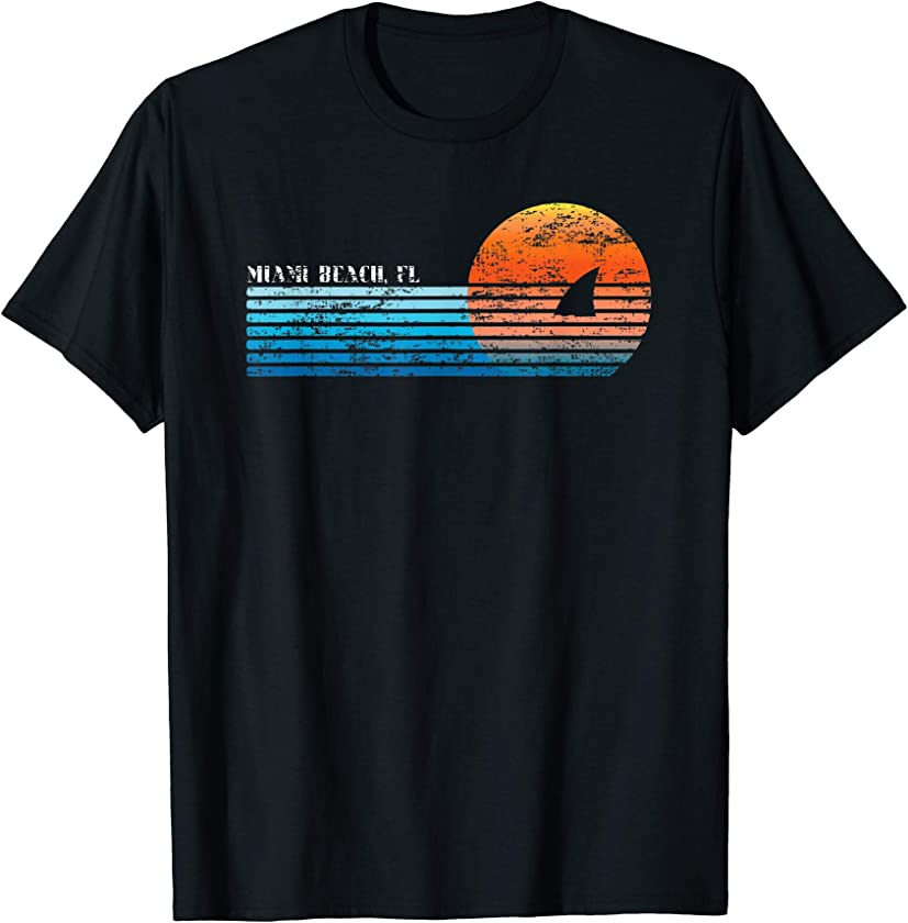 Vintage Miami Beach, FL Retro 80s Shark Fin Sunset T-Shirt