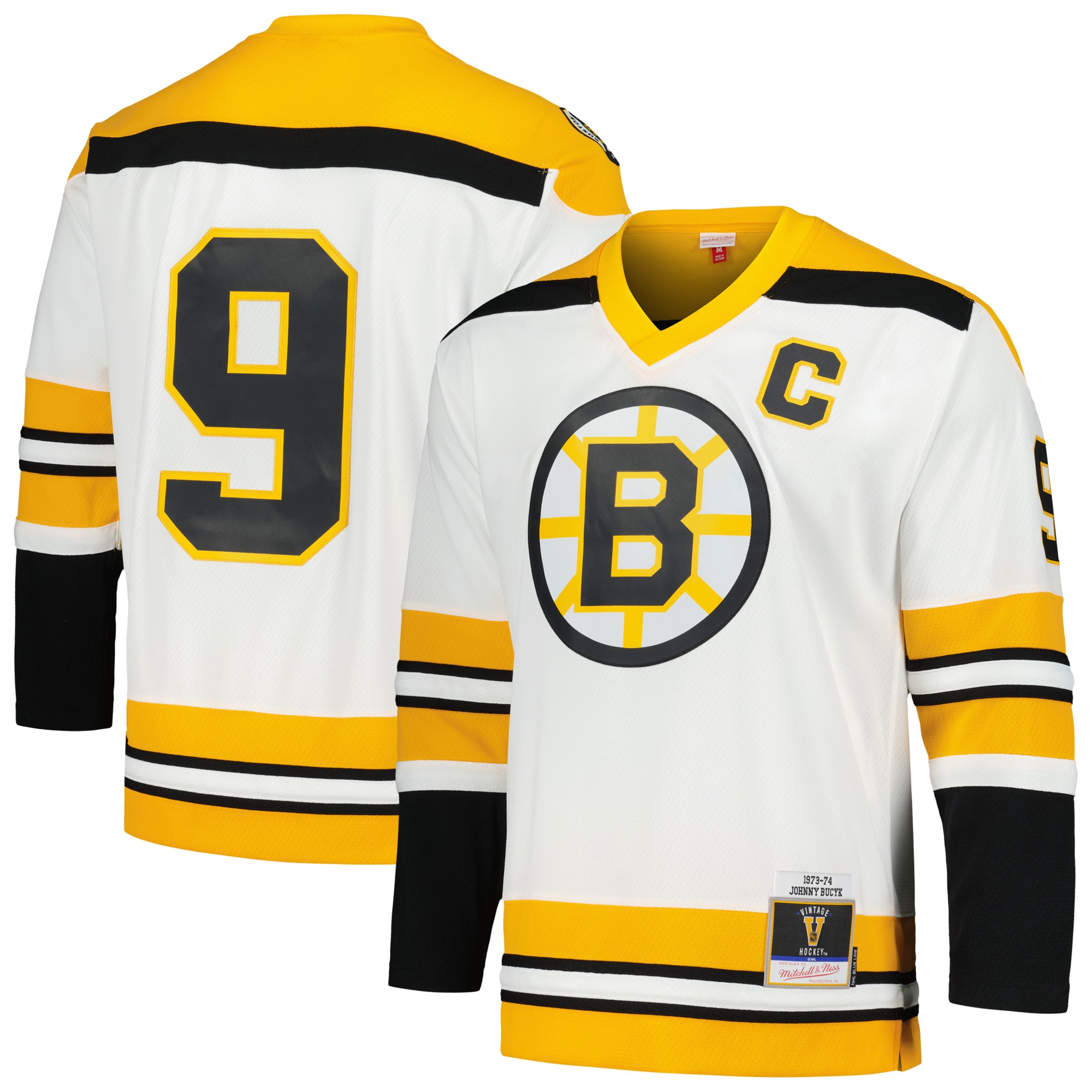 Men's Boston Bruins Johnny Bucyk Mitchell & Ness White 1973/74 Blue Line Player Jersey