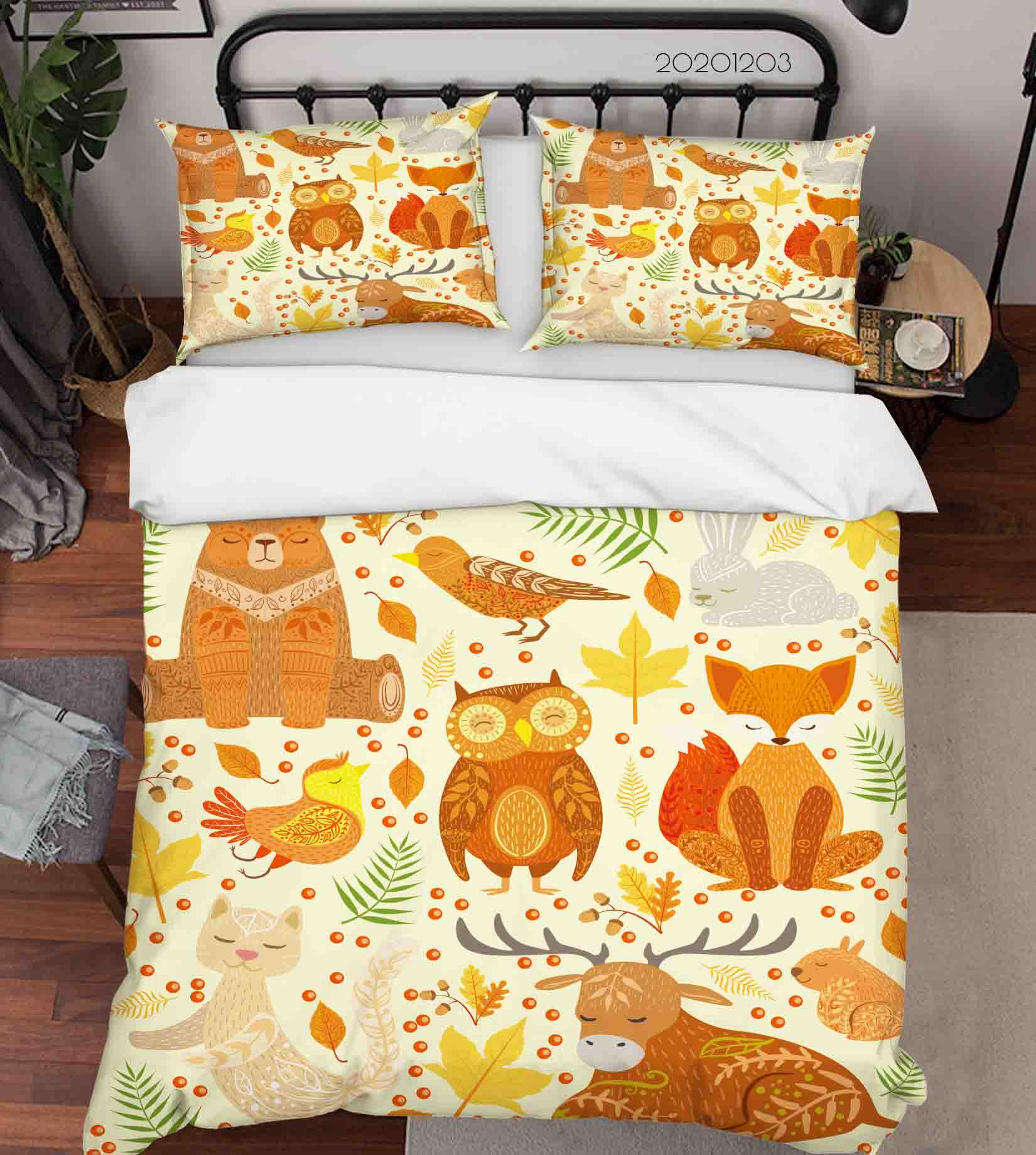 3D Cartoon Hand Drawn Colorful Owl Bear Bird Cat Animal Plant Quilt Cover Set Bedding Set Duvet Cover Pillowcases Lxl