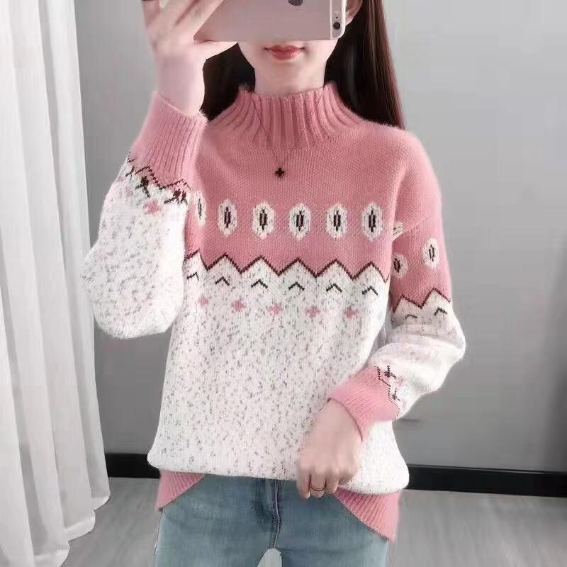 Sweater Loose Long Sleeve Sweater Half High Collar Fashion Autumn Winter Pullovers All-match Casual Patchwork Soft Knitted Top alx