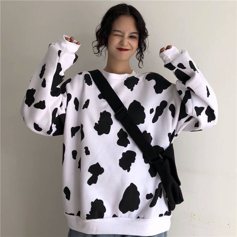 Cute Autumn Cow Milk Printed Girls Pullover Women sweatshirt Female Fashion Loose hoodie sweatshirts O-neck Hoodie Females alx