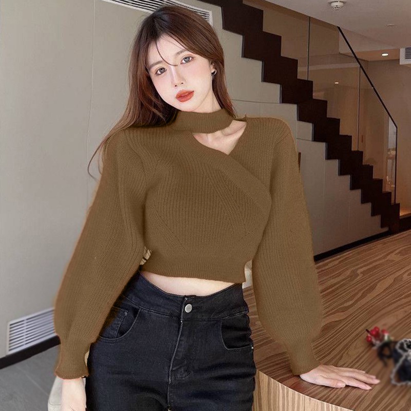 Y2k Tops Sexy Pullovers V-neck Puff Sleeve Knit Pull Femme Sweet Korean Cropped Sweaters Sueter De Mujer Women’s Clothing alx