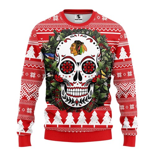 Chicago Blackhawks Skull Flower Christmas Gift For Fan Ugly Wool Sweater Christmas