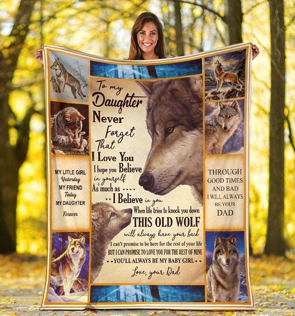 Quilt Fleece Blanket Gifts With Wolf To my daughter snow moon art 3D animal cozy plush fleece blanket gift for mom women men mother’s day