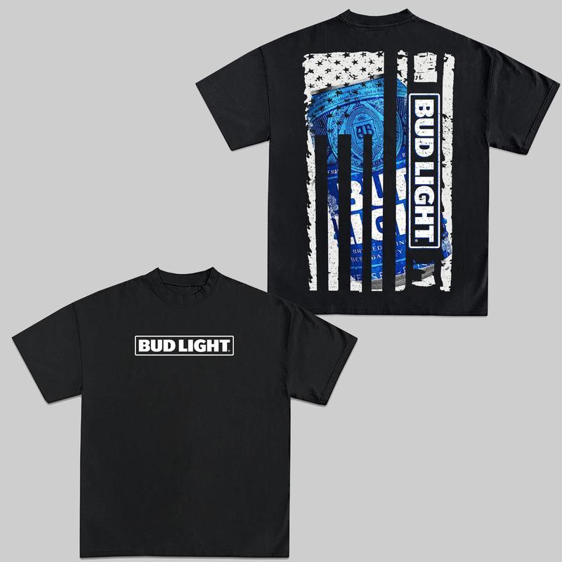 Bud Light US Flag T-Shirt US Fresh Beer Summer 4th of July Drinking 2-Sided Graphic Tees Summer Outfit Menswear Womenswear Casual Unisex, Trendy Summer Sun Tees Top Tshirt