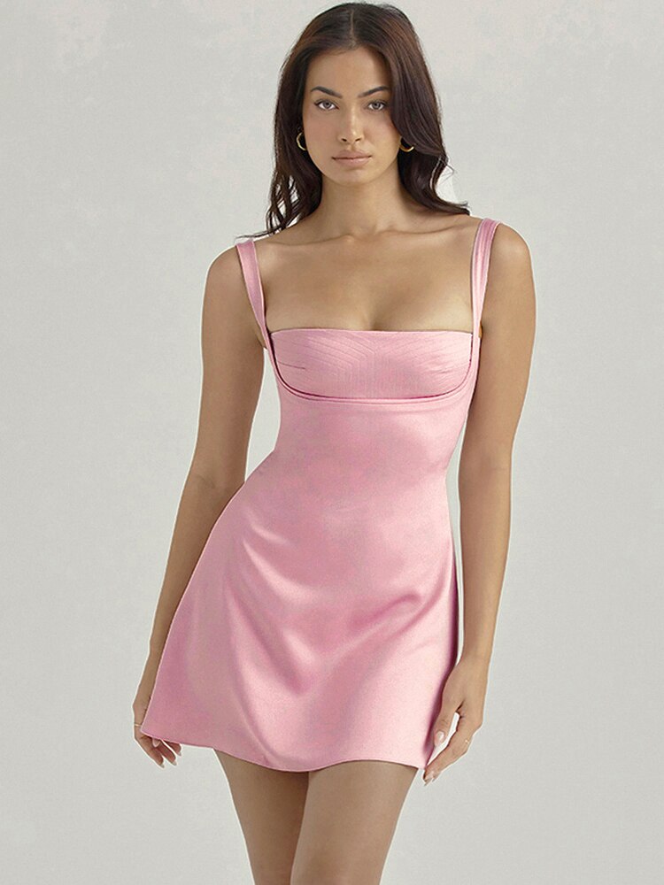 Birthday Dress For Women A-Line Pink Dress Sexy Satin Evening Party Dresses Mini Casual Spaghetti Strap Graduation Dress Stretch alx