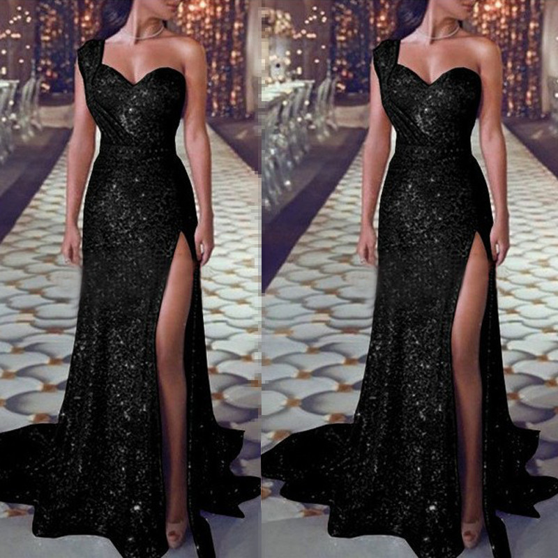 2022 Girls Sexy Boat Neck Off Shoulder Sequined Evening Gowns Side Split Mermaid Dress Long For Woman alx