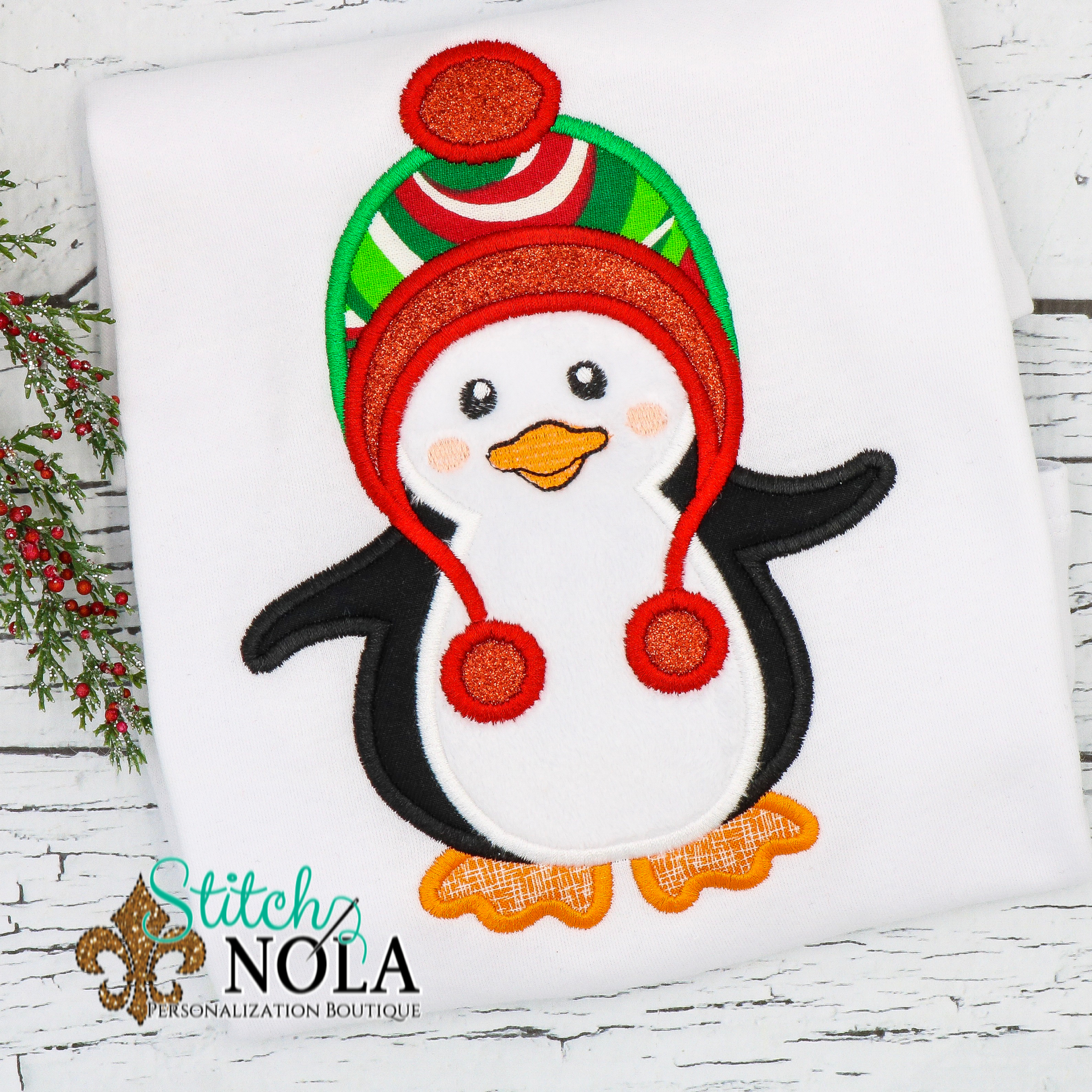 Personalized Christmas Penguin Applique Shirt