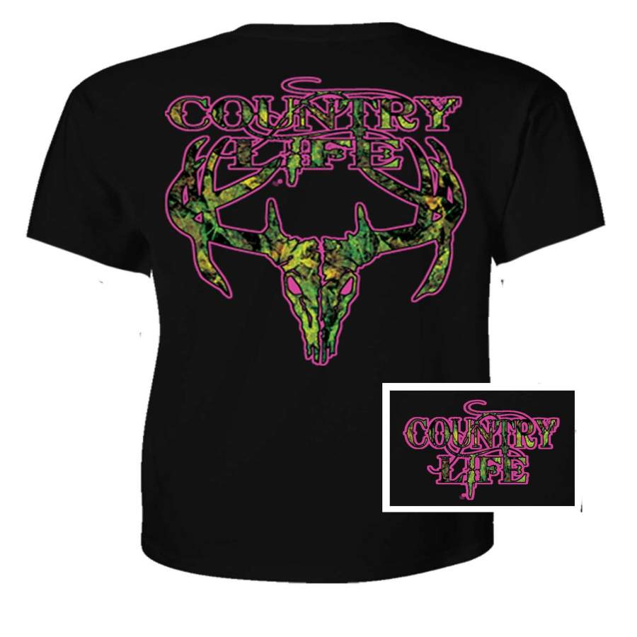 Country Life Outfitters Black & Pink Camo Realtree Deer Skull Head Hunt Vintage Bright T Shirt