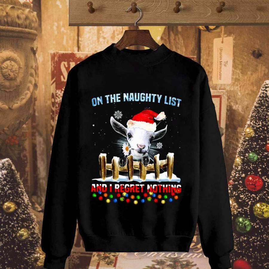 Goat farm on the naughty list i regret nothing daisy flowers colorful light santa hat merry christmas black sweatshirt for men and women S-5XL
