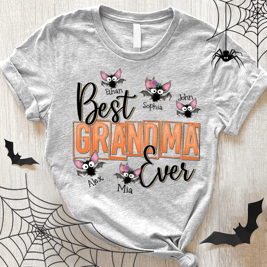 Best Grandma Ever Halloween Bat Kids Names Shirt