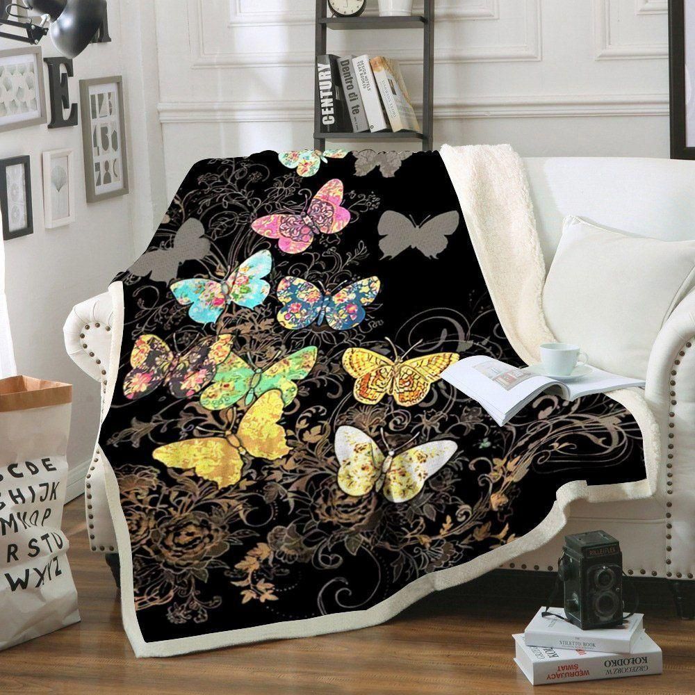 Butterfly Colorful Flower Fleece Blanket, Sherpa Blanket, Gift For Aunt Gift For Parent, Family Member, Friends Gift, Christmas Gift, Home Decor, Home Living