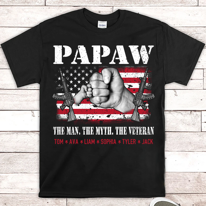 Apayprints – Papaw – The Man The Myth The Veteran  Personalized T-Shirt, S – 5XL, White Grey Pink Blue Black