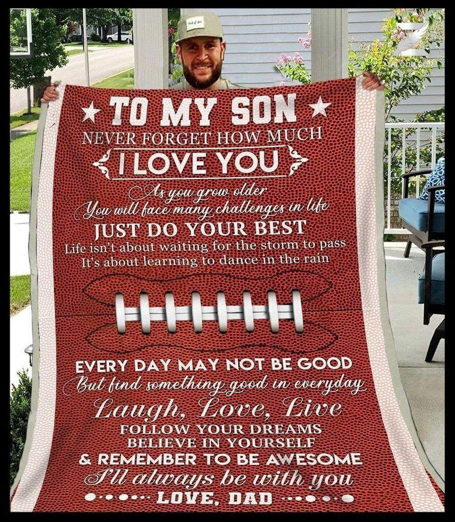 American Football To My Son Remember To Be Awesome Love Dad –  Best Idea Gift For Son From Dad, Gift For Home Decor, Gift For Family  – Fleece Blanketc- Best Idea Gift For Dad, Gift For Home Decor, Gift For Family  – Custom Fleece Blanket