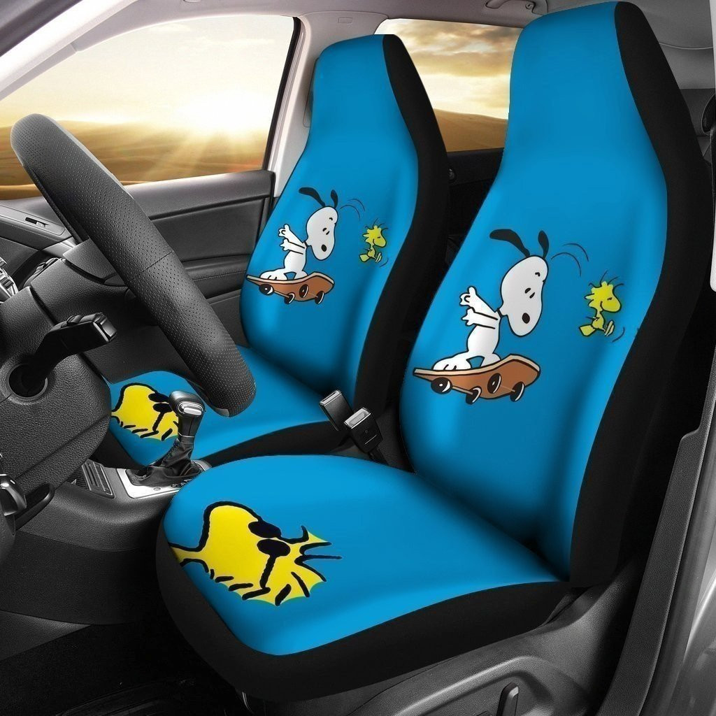 Snoopy & Woodstock – Seat Covers With Leather Pattern Print Will Get 2 Pcs