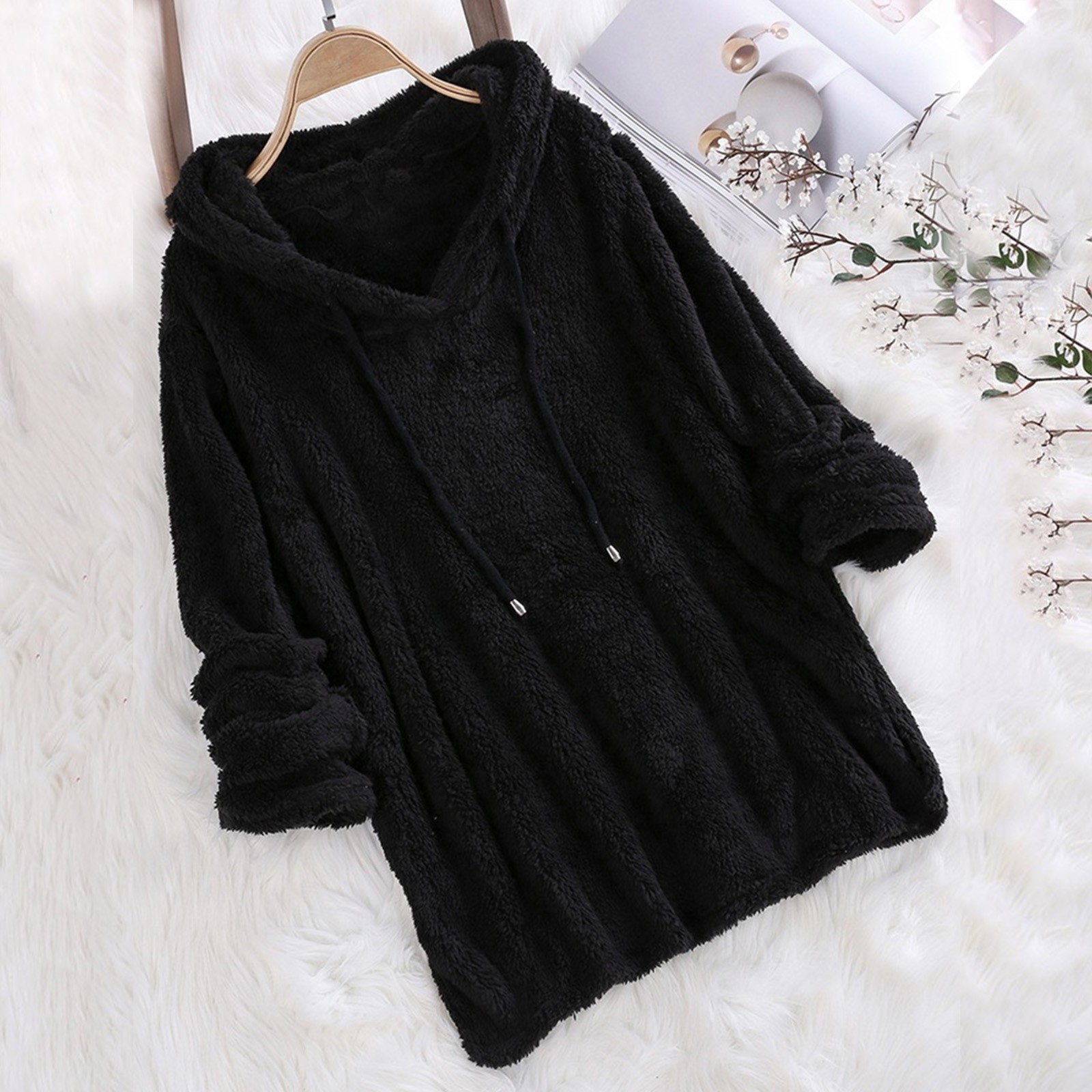 Women Sweater Pullovers Chic Solid Plush Hooded Long Sleeve Drawstrings Sweatshirts Tops 2022 Autumn Office Oversize Female Tops alx