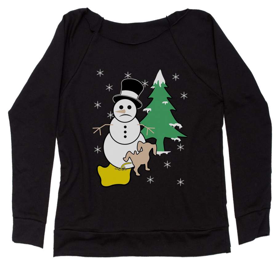 Snowman With Dog Peeing Ugly Christmas Slouchy Off Shoulder Oversized Sweatshirt