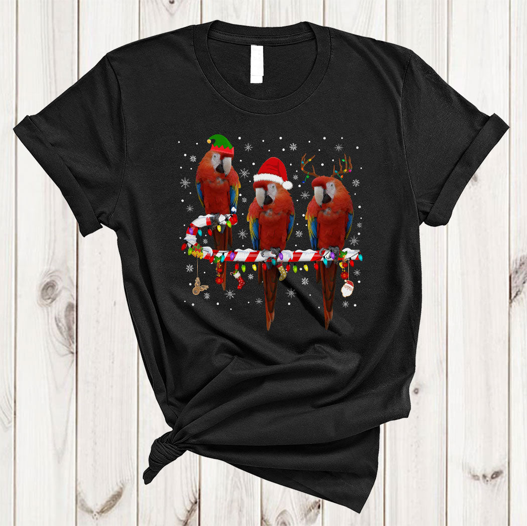 Santa Elf Reindeer Macaws On Candy Cane Funny Christmas Xmas Lights Bird Lover Gifts T-Shirt