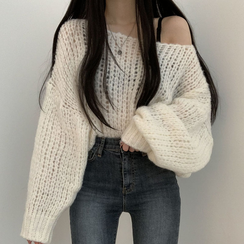 Abrini Women Hollow Out Sweaters Loose Jumpers Knitted Casual Lantern Sleeve Female Pullover Sweaters Women Winter 2022 alx