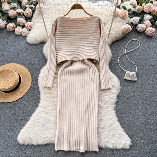 2022 Winter New Pit Stripe Suit Women’s, One Neck Knitted Sweater Blouse+two Piece Suspender Dress Skirt Sets alx