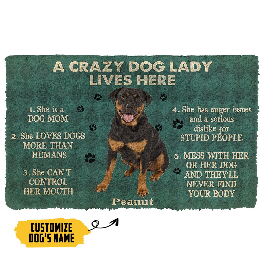 Gearhumans 3D A Crazy Dog Lady Lives Here Rottweiler Custom Name Doormat