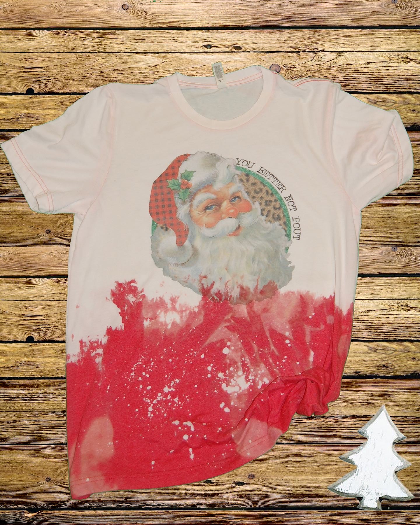 You Better Not Pout Leopard Santa Christmas Bleached Dye Canvas Girlie T Shirt