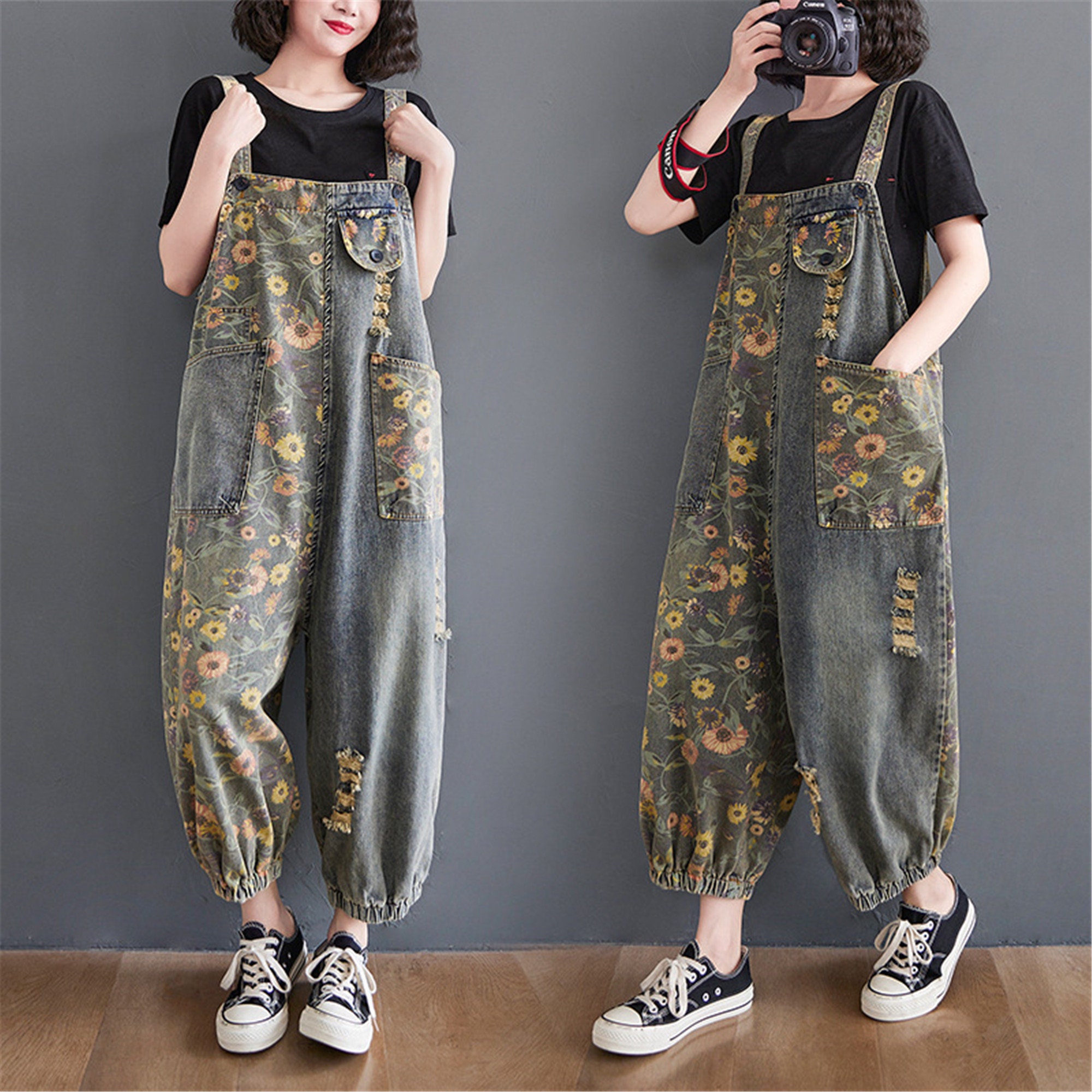Printed Jeans Overalls, Sunflower Denim Jumpsuit, Oversized Baggy Pants, Wide Streetwear Leg Jumpsuit, Oversized Hoodie, Women's Sweatshirt